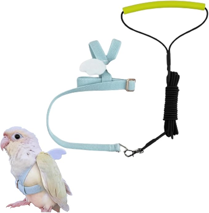 Pet Parrot Bird Harness and Leash, Adjustable Training Design Anti-Bite, Bird Nylon Rope with Cute Wing for Lovebird Budgie African Grey Macaw Conure (Light Blue,L)