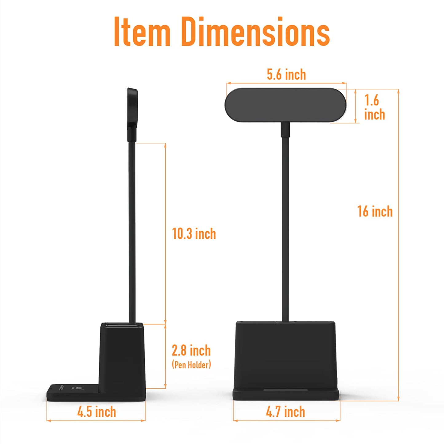 AXX Black LED Desk Lamp for Home Office Bedroom, Battery Operated Table Light for Computer Desktop, Small, Cute, Dimmable, Rechargeable, Flexible Gooseneck, Pen Holder, Phone Mount, Touch Control