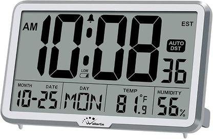 WallarGe Auto Set Digital Wall Clock Battery Operated, Desk Clocks with Temperature, Humidity and Date, Large Display Digital Calendar Alarm Clock for Elderly, Bedroom, Office, 8 Time Zone, Auto DST.