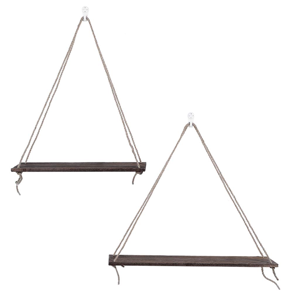 Eeneme 2 x Wooden Hanging Rope Hanging Plant Flower Pot Shelves Home Decorations (Retro Colour)