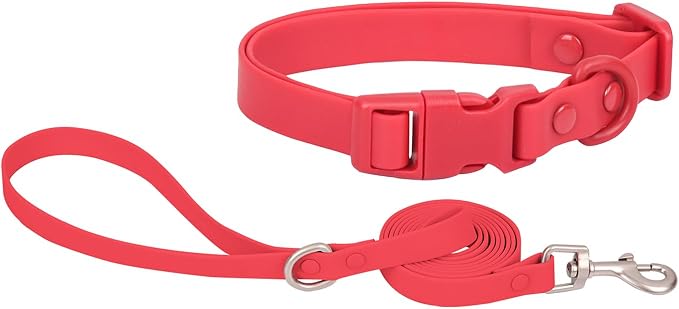 Ovale Waterproof Dog Collar Leash Combo Set, Durable and Easy to Clean, for Medium Dogs.(M, Red)