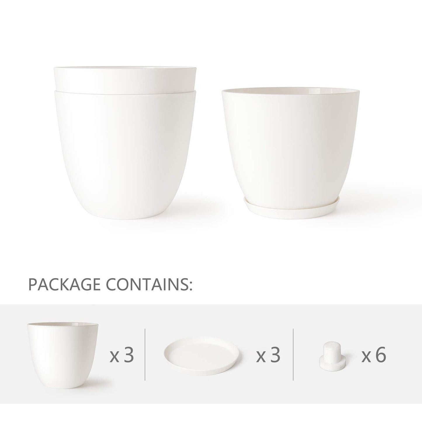 Mkono 7.5 Inch Plastic Planters Indoor Set of 3 Flower Plant Pots Modern Decorative Garden Pot with Drainage and Tray for All House Plants, Flowers, Herbs, Foliage Plant, and Seed Nursery, Cream White