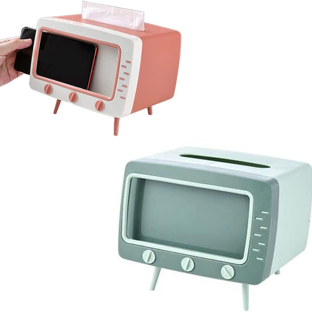 Denash 2 in 1 TV Shape Phone Holder with Tissue Box, Desktop Napkin Holder and Mobile Phone Stand for Living Room Decor (Green)