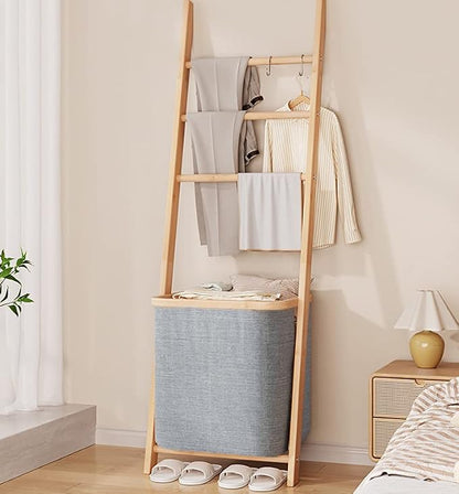 Blanket Ladder with Basket, Bamboo Towel Rack with Storage Hamper Basket, Wall Leaning Decorative Ladder Shelf, Drying Display Blanket Holder Rack for Bathroom Living Room (Grey)
