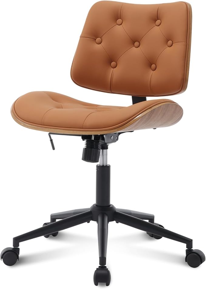 Armless Home Office Chair with Wheels, PU Leather Adjustable Height Computer