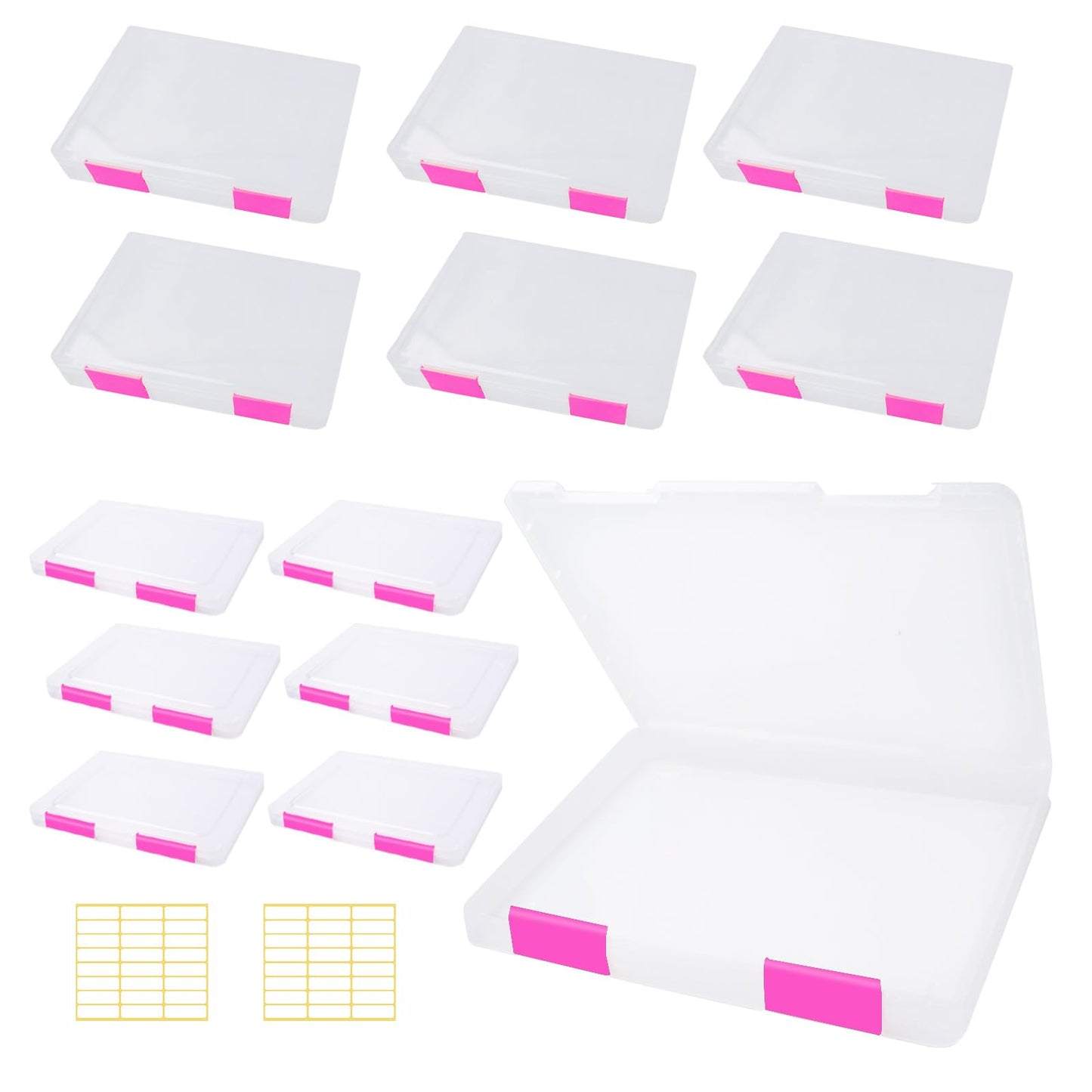 Olutacot 12 Pcs Clear A4 A5 File Box Document Plastic Storage Box with 48 Labels File Holder Organizer Paper Plastic Case Magazine Protector with Buckle Office School Supplies(Pink)