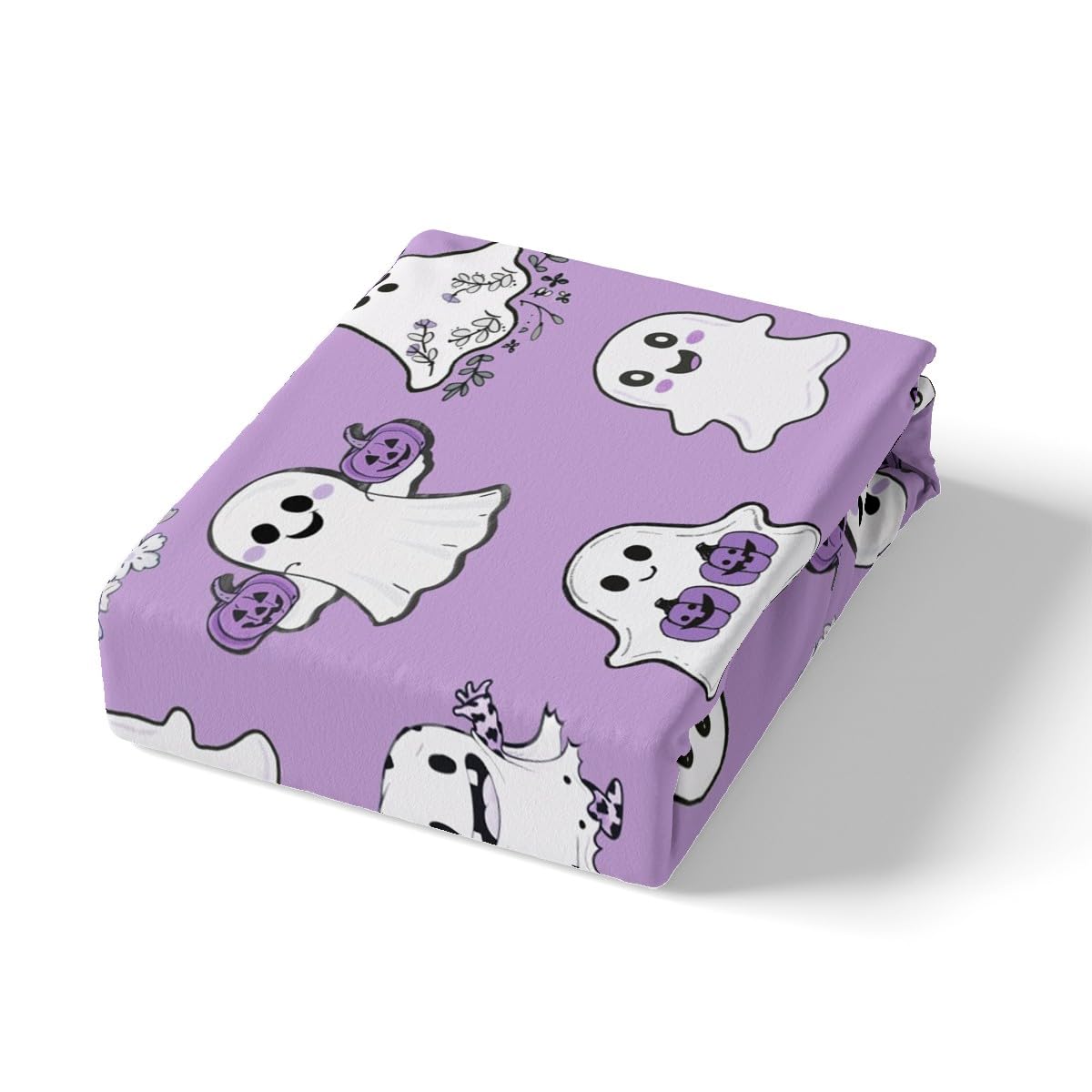 Cute Ghost Kids Duvet Cover Set Full Size, Halloween Theme Purple Bedding Set for Boy Girls, Pumpkin Lantern Floral Ghosts Comforter Cover, Soft Polyester Quilt Cover, 2 Pillowcases, No Comforter
