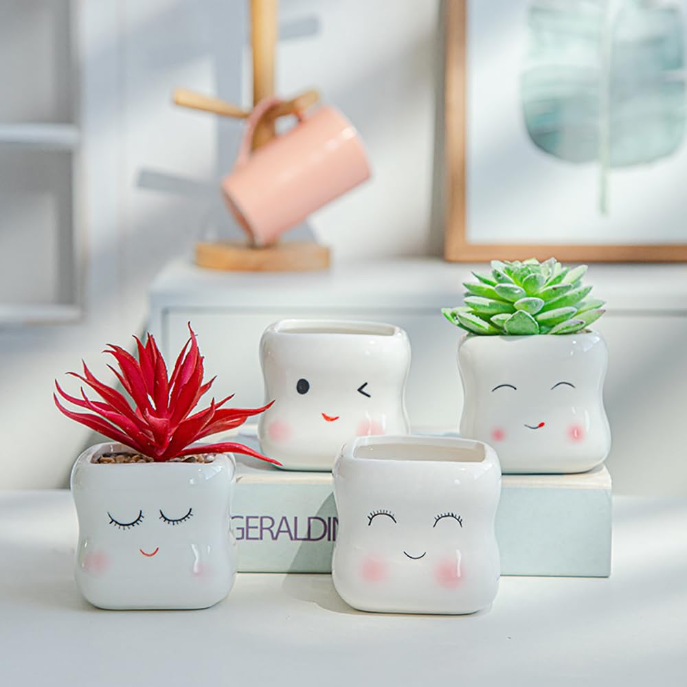 RUIXIAOXI Cute Smiling Cartoon Face Succulent Planter, Small White Ceramic Flower Pot Tooth-Shaped Plant Pot for Small Plants, Home & Office Desk Decoration - No Plants Included (Style B)