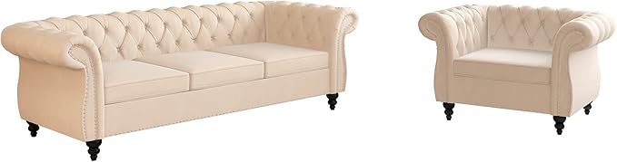 ORRD 2 Piece Living Room Set, Velvet Chesterfield Sofa Couch Chair