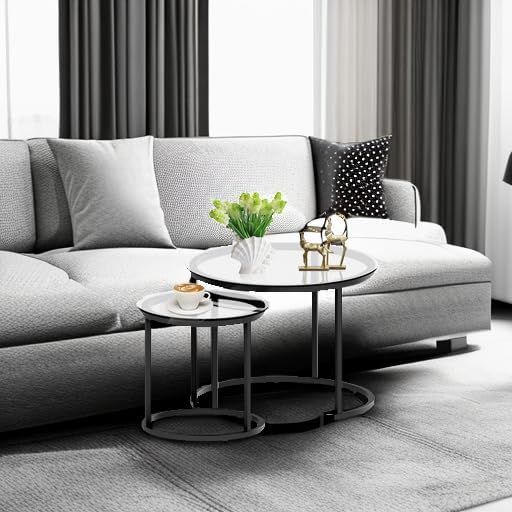 aboxoo Black Nesting Coffee Glass Table Set of 2, Metal Freme Side End Tables