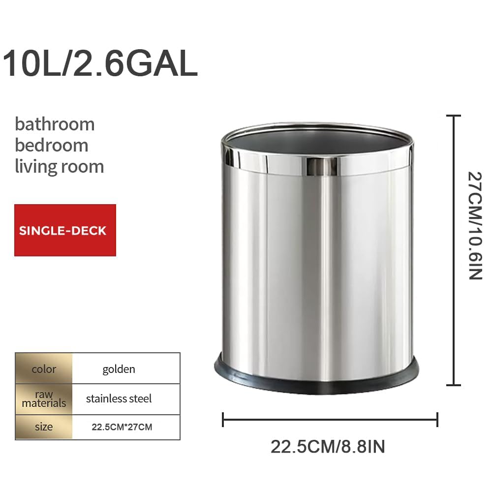 LEASYLIFE 2.6Gallon/10L，Stainless Steel Bathroom Trash Can,Chrome Trash Can,Silver Garbage Can for Office，Wastebasket for Hotel，Office，Store，Metal Trash bin Without lid (Silver)