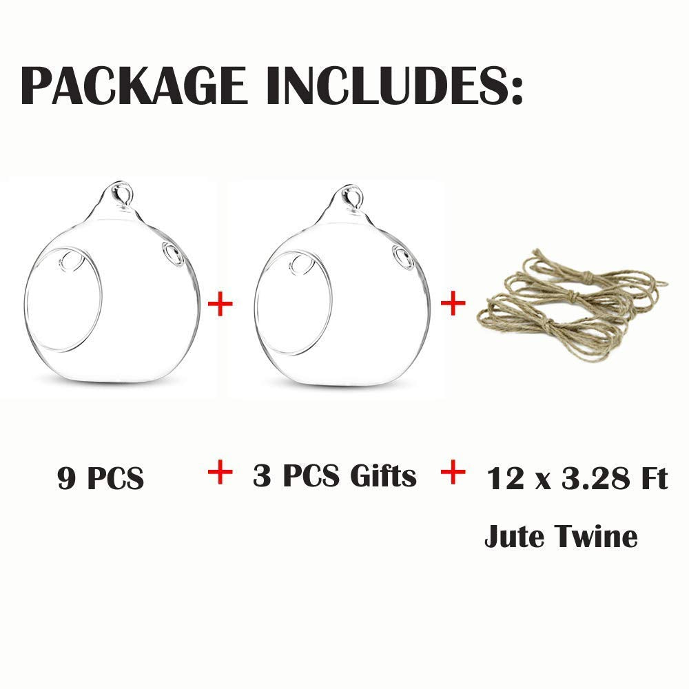12 Pcs 3.15"/ 8cm Hanging Glass Tealight Holder Globe Plant Terrariums Glass Orbs Air Plants Tea Light Candle Holders Home Decor Indoor Outdoor Garden (with 2 Holes, 9 Pcs + 3 Pcs)