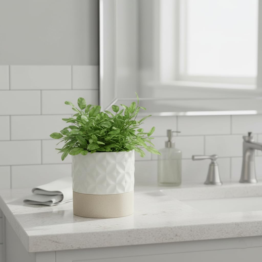 Nihow Self Watering Plant Pot: 4.5 Inch Ceramic Planter with Drainage Hole & Water Storage Plus for Indoor & Outdoor Plants - Cylinder Flower Pot for Herbs/Violets - Matte White & Brown Star