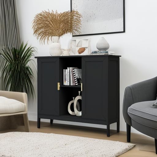 TaoHFE Black Buffet Cabinet, Modern Narrow Sideboard Buffet Cabinet Wooden Side