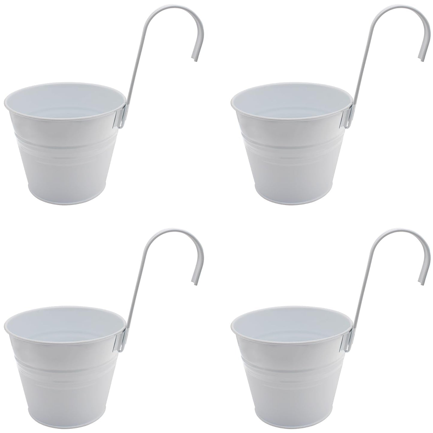 HAJXZH 4PCS White Balcony Decor Iron Flower Pot 5'' Hanging Plant Metal Buckets with Detachable Hooks and Drainage Holes for Railing Patio Garden Decor