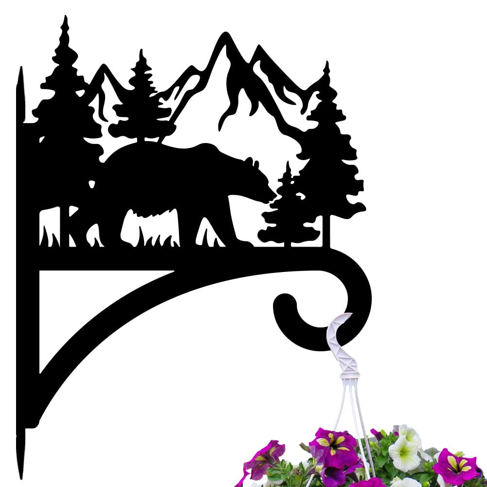 peacoblue Iron Plant Hanger Hook for Outdoor Indoor Hanging Plant Flower Fern Pot Lantern Bird Feeder,12"x15" Weather Resistant Metal Wall Holder for Porch Garden Farmhouse(Forest Bear and Mountain)