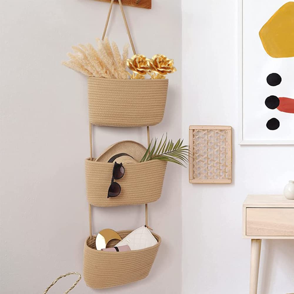TeoKJ Over the Door Hanging Basket, 3-Tier Woven Cotton Wall-Mounted Storage Organizer Bag Decorative Hanging Nursery Baskets, Jute