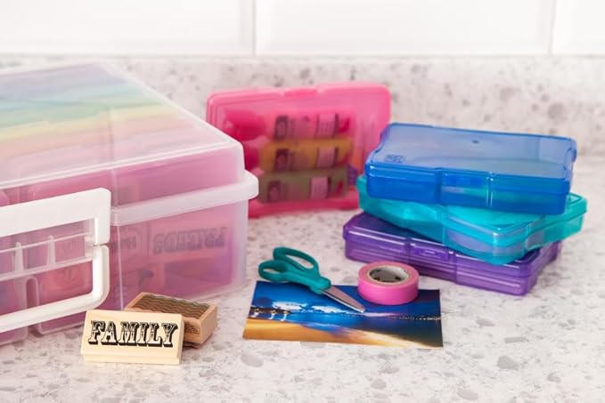 IRIS USA 4" x 6" |Made in USA| 2-Pack Photo Organizers and Picture Storage Box with Handle, 16 Inner Cases/Containers for Tasks, Stickers, Ephemera, & Flashcards - Clear/Multi-Color