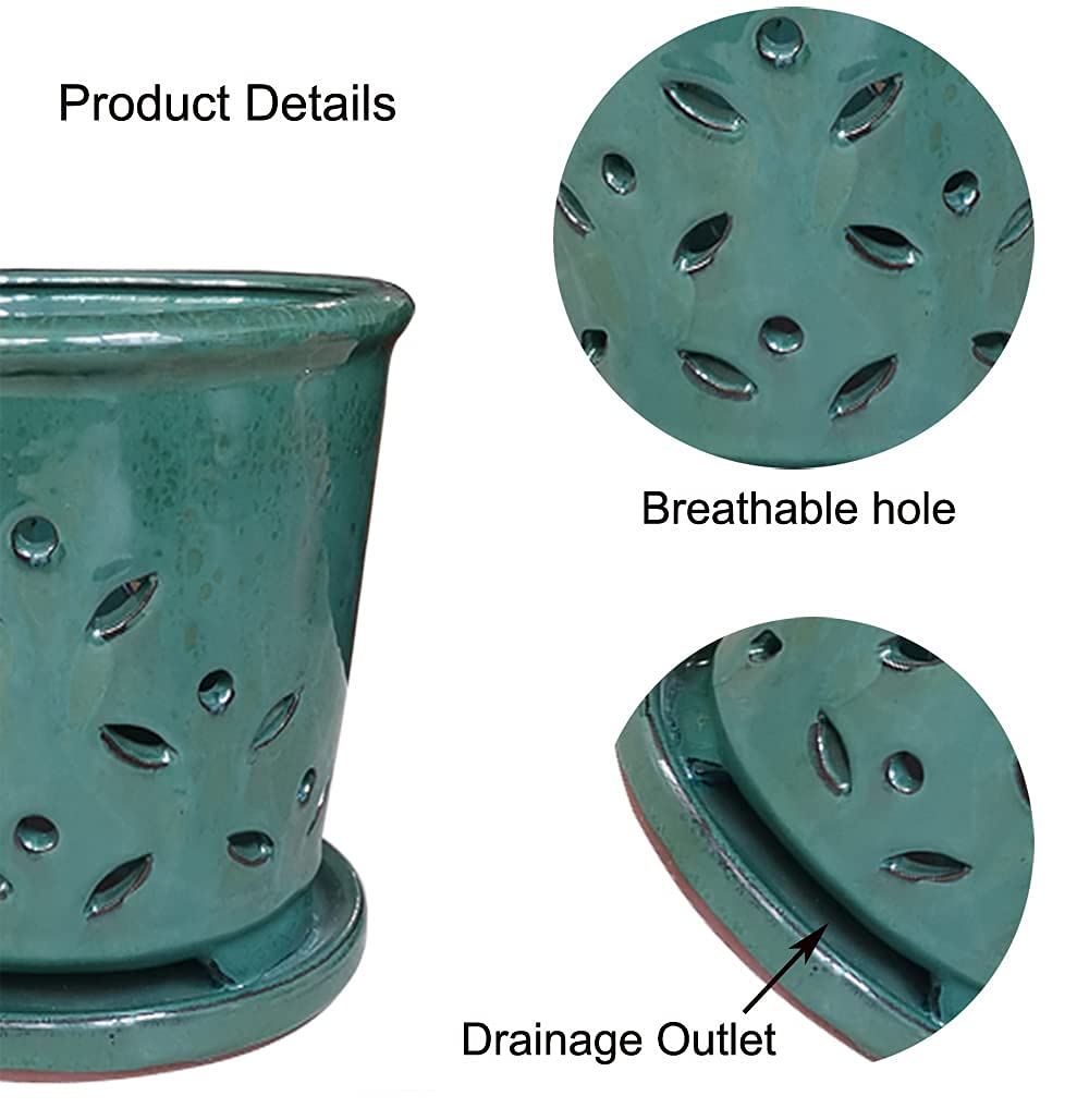 Ceramic Orchid Pots with Holes 6 Inch, Round Green Ceramic Orchid Pot with Saucer, Ceramic Air Plant Pot with Holes, Butterfly Pot Saucer Windowsill Contemporary Home Decoration, Forest Green