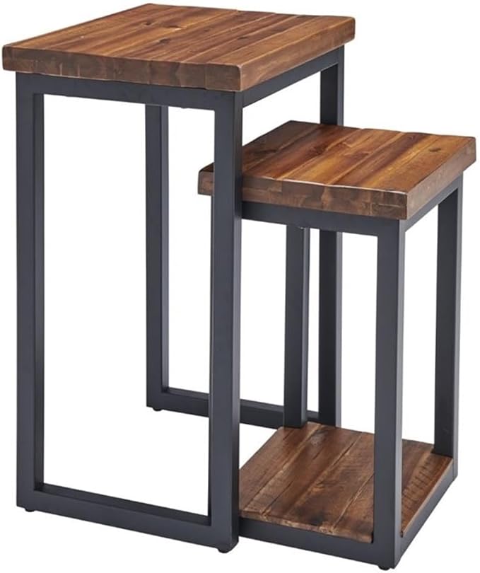 Claremont Rustic Wood Nesting End Tables, Solid Wood and Black-Finished Metal