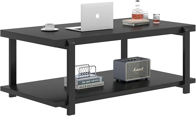 FOLUBAN Black Coffee Table, Modern Rustic Wood Center Table