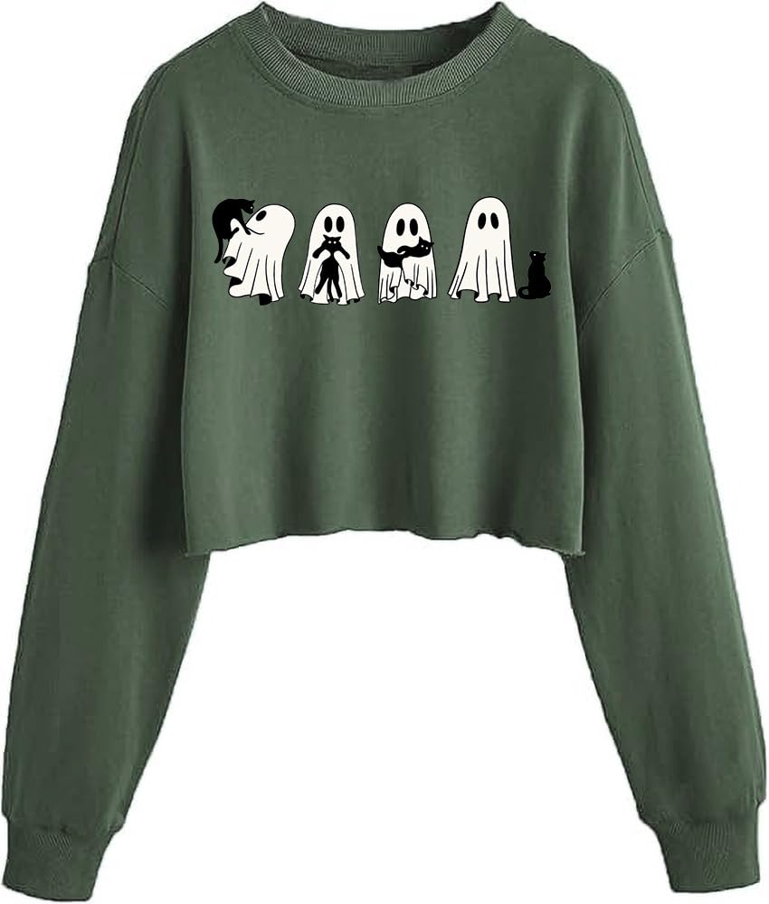 KNBUO Women's Black Cat Ghost Crop Sweatshirt Fall Halloween Ghost Spooky Season Lantern Long Sleeve Pullover Tops（L,03F-Dark Green-gost4）