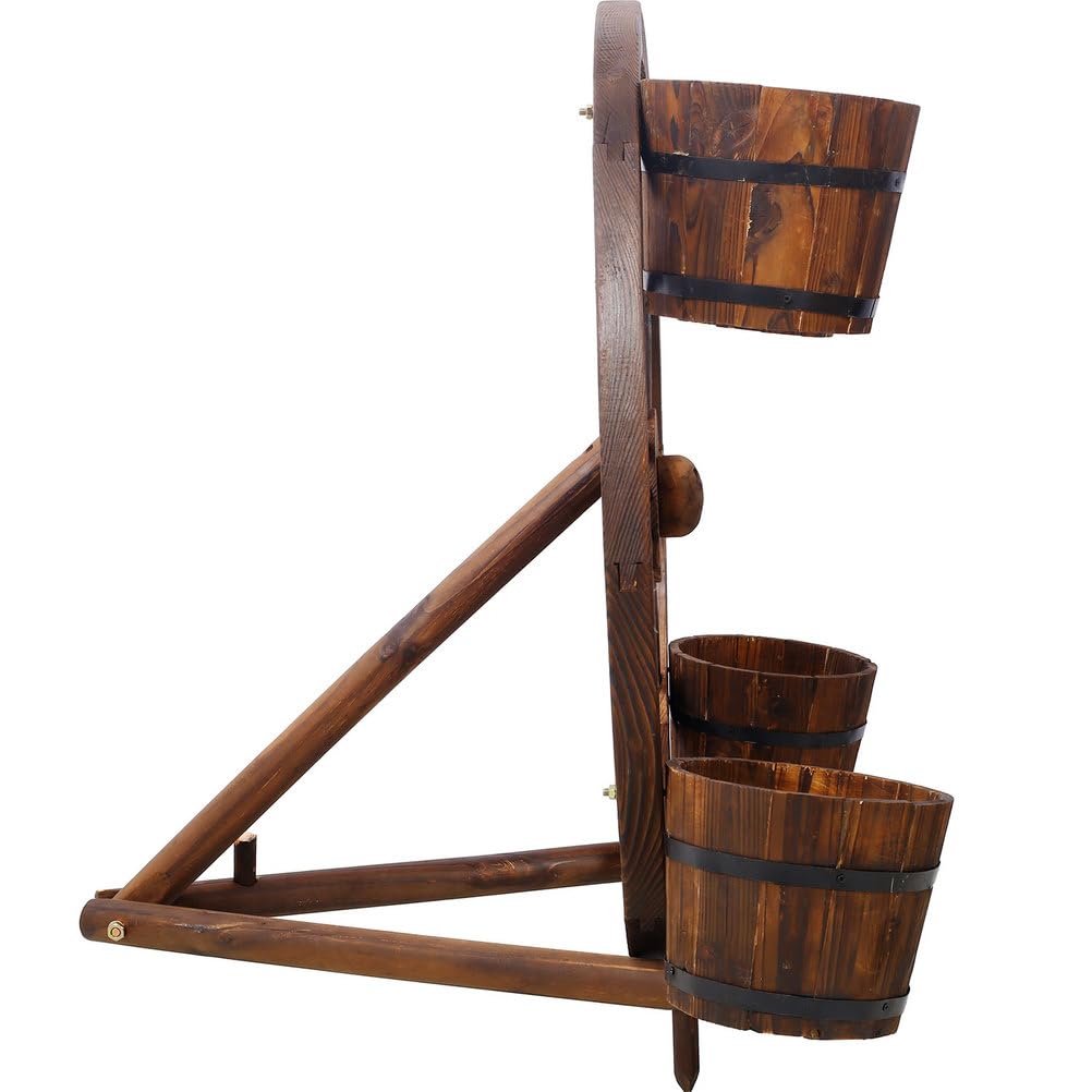 CWKISS Rustic Wooden Wagon Wheel Barrel Planter – Fir Wood Outdoor & Indoor Garden Cart Planter with 4 Metal-Banded Barrels, Decorative Flower Display for Patio, Porch, Yard, or Home