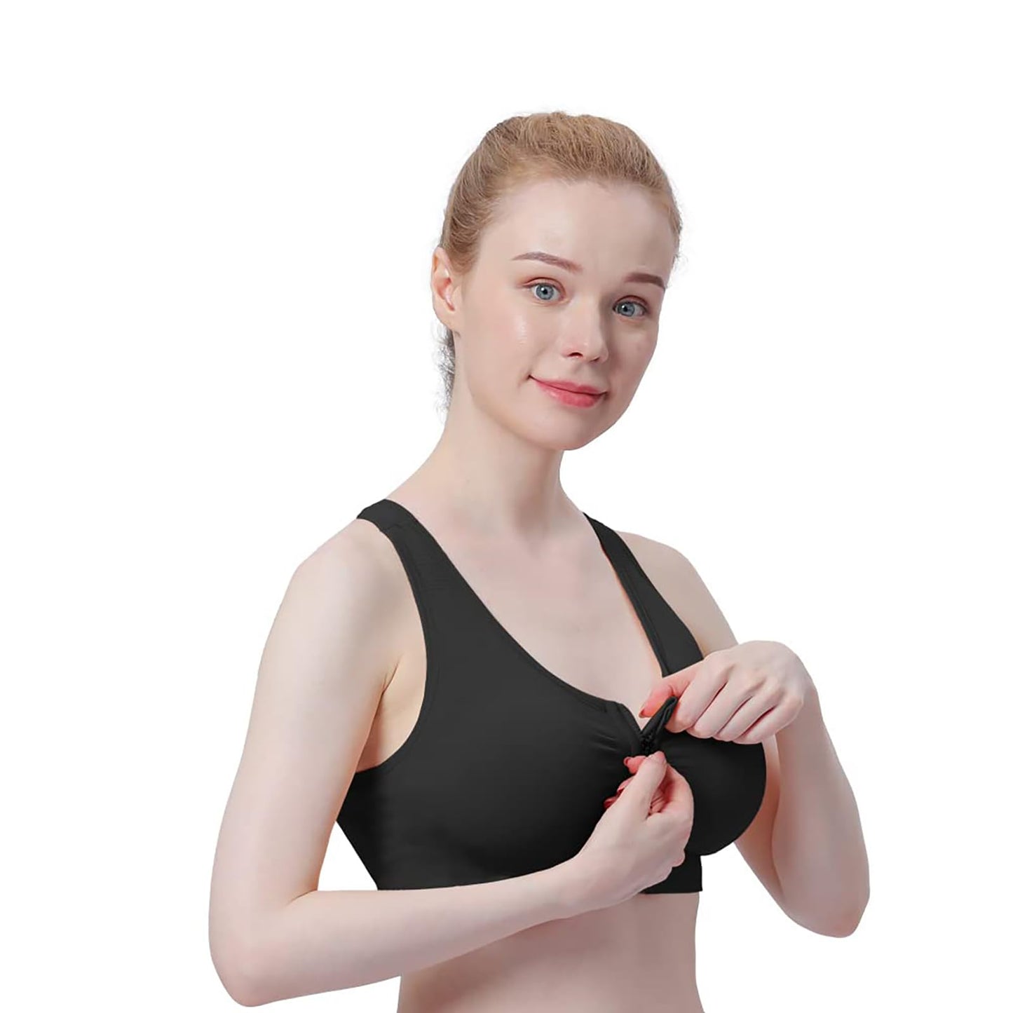 Women's Zip Front Sports Bra Wireless Post-Surgery, Yoga Sports Bras (L:Fit 34C,34,34D,34DD,36B,36C,38A,38B, 3 Pack(Black+Grey+Flesh))