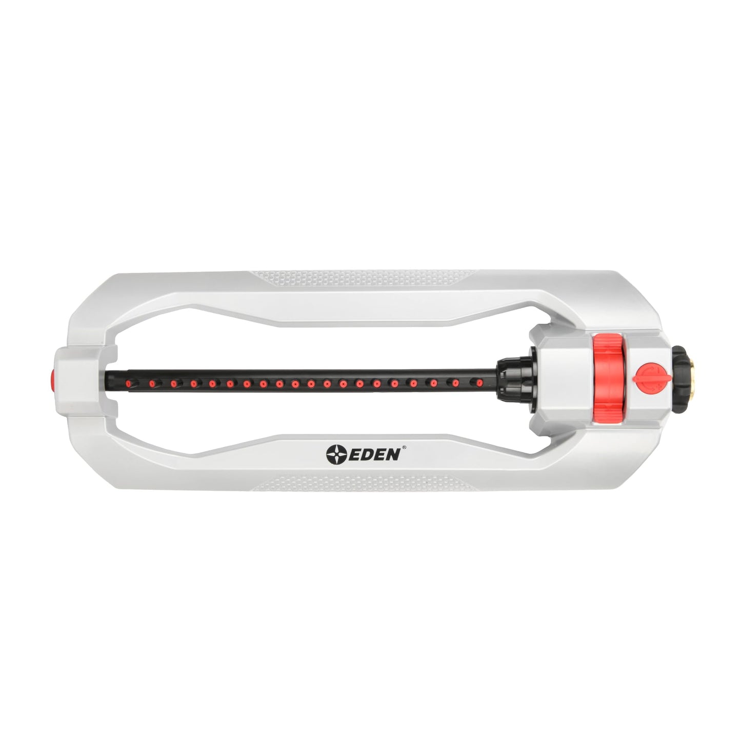 Eden 94111 Heavy Duty Metal Oscillating Sprinkler, Covers Up to 3,328 sq. ft., 20 Precision Nozzles, Flow Control, Adjustable Range, Quick Connect Bundle, Silver, Red, Black