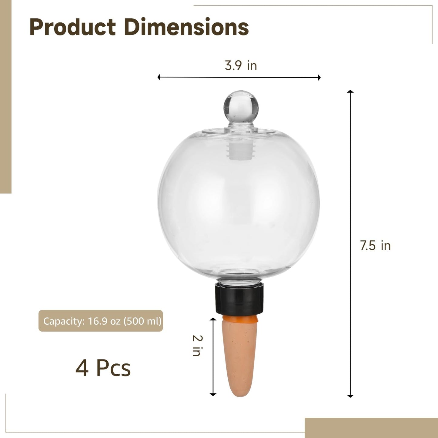 4 PCS Large Plant Self-Watering Globes, 16.9 oz Slow Release Watering Bulb with Ceramic Spike Stake, Top Fill Plastic Water Orbs, Automatic Irrigation Insert for Home Garden Office