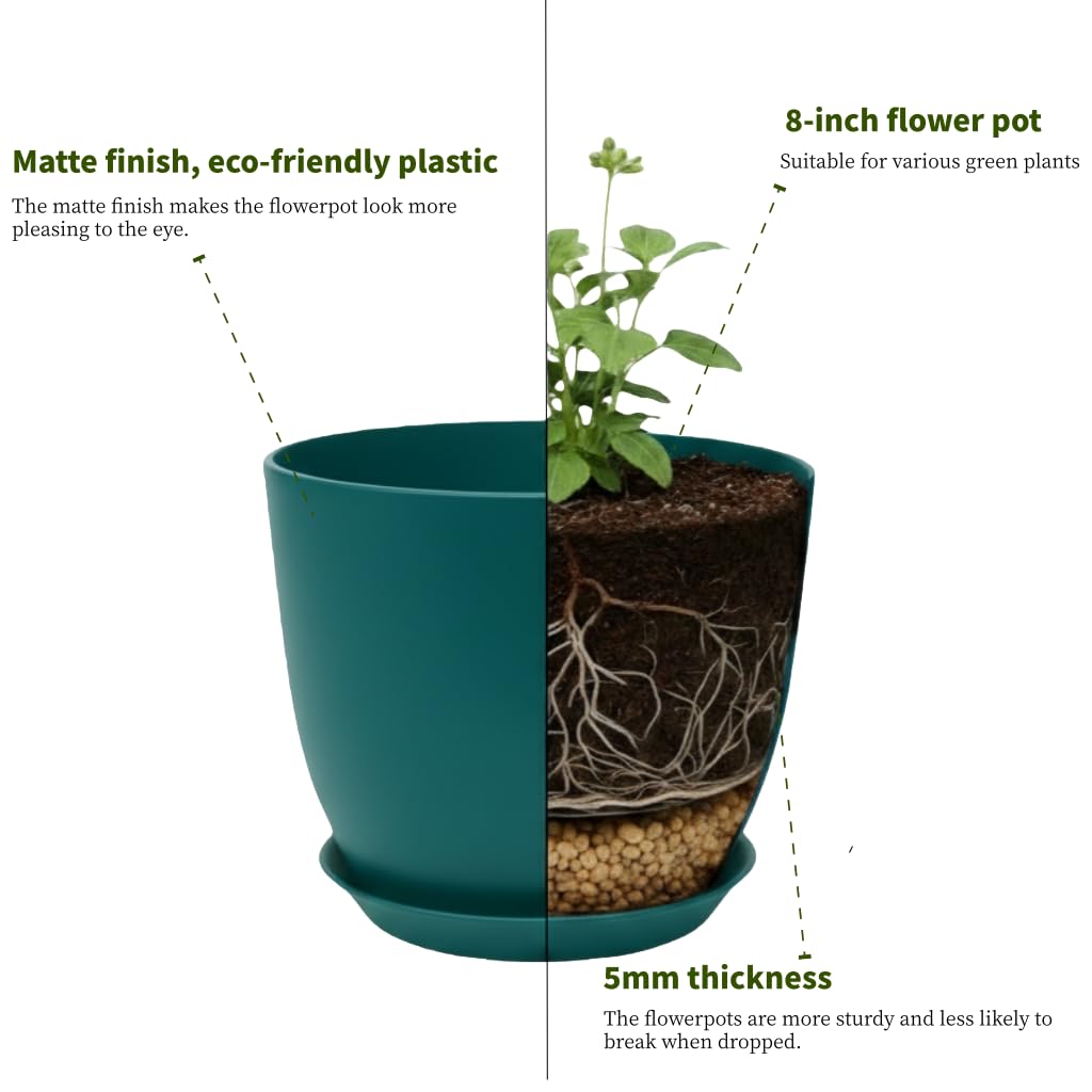 Vanslogreen Plant Pots 8 Inch Set of 6, Flower Pots with Drainage Holes and Saucer, Plastic Garden Planters for Indoor & Outdoor Plants (Deep Green)
