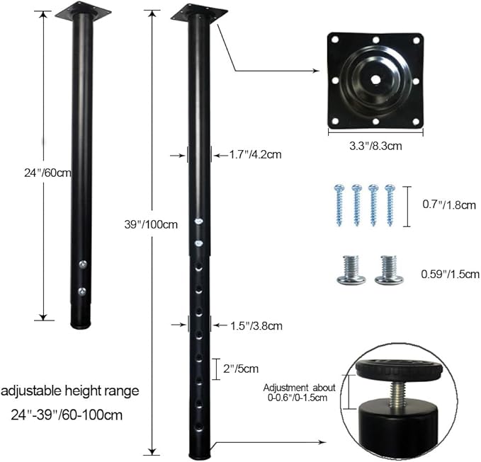 QLLY Adjustable Metal Table Leg, 24-40 inch, Home Office DIY Desk Leg,