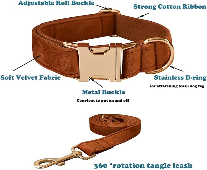 Love Dream Velvet Dog Collar and Leash Set, Soft & Comfy Adjustable Dog Leash and Collar with Heavy Duty Metal Buckle for Small Medium Large Dogs Training & Walking (Small, Copper Red)