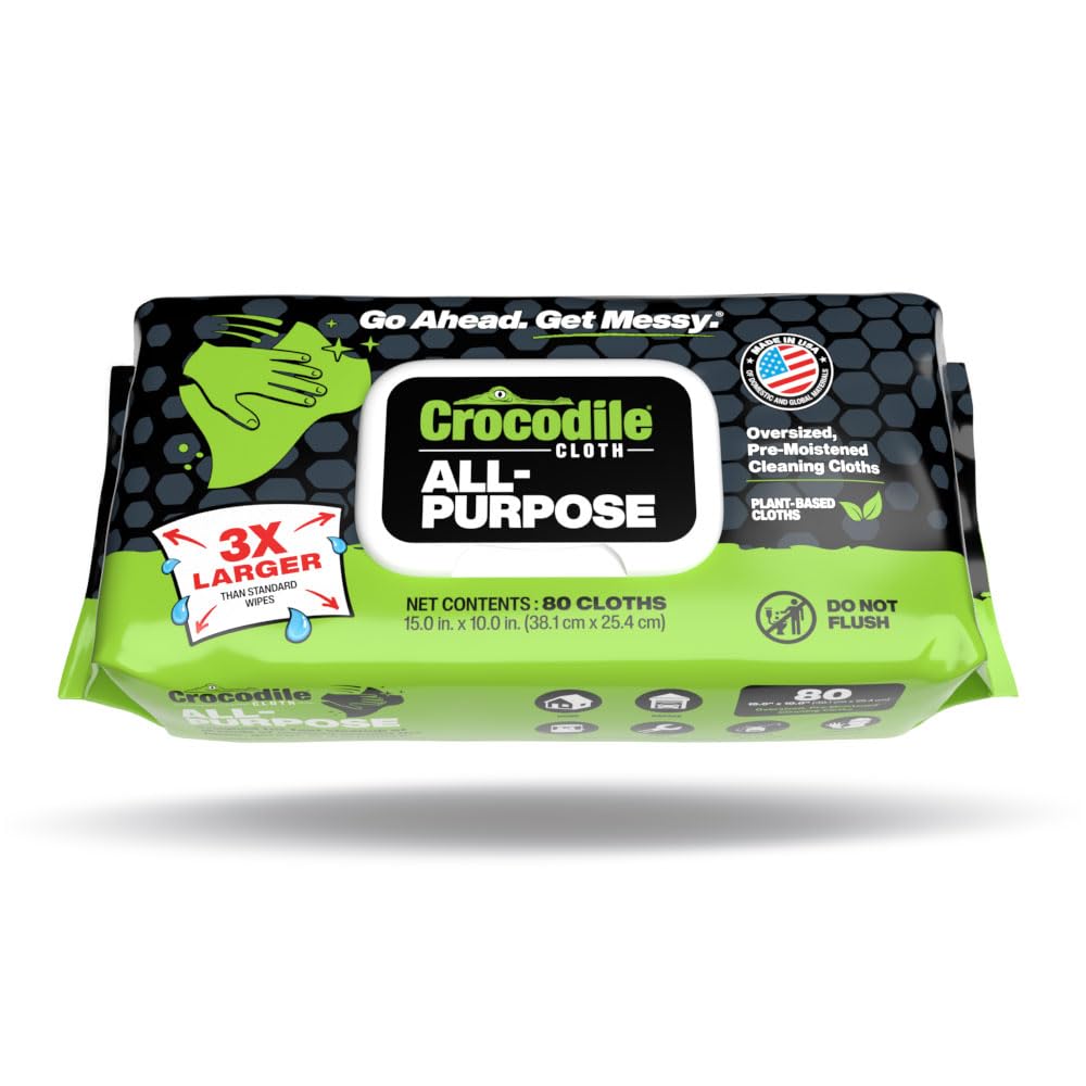 Crocodile Cloth All-Purpose Cleaning Wipes – 80 Count, 15"x10" Extra Large Plant-Based Disposable Cloths – Moist, Absorbent, Safe on Skin, Multi-Surface Use
