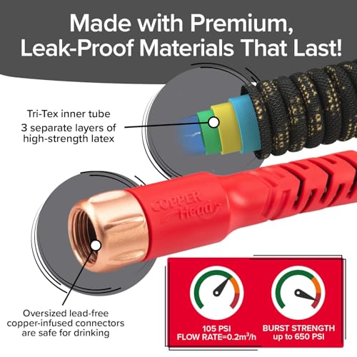 Pocket Hose Copper Head w/New Pocket Pivot Expandable Garden Hose 25 FT, AS-SEEN-ON-TV, Swivels 360°, Advanced Tri-Tex Tubing & Force Field Jacket, 3X Stronger, Lead-Free, No-Kink, Anti-Burst w/APT