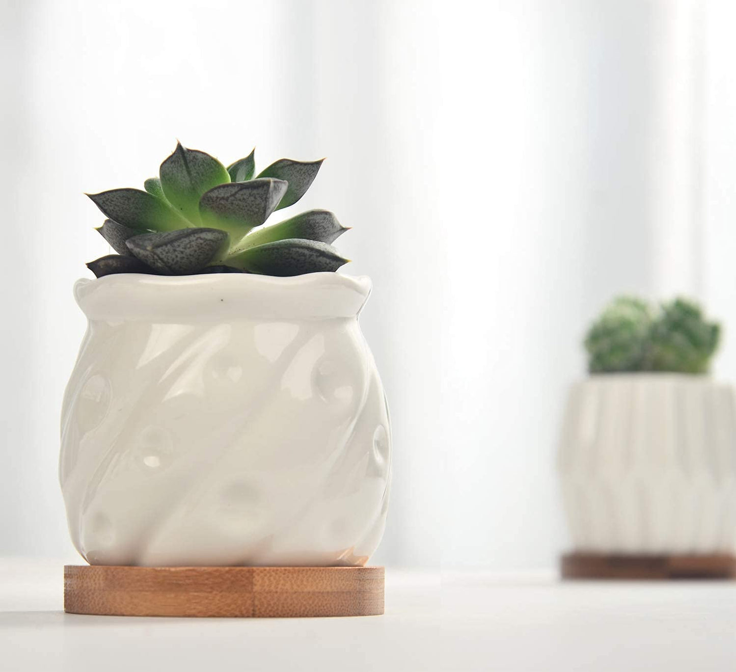 B SEPOR Set of 6 White Simple Porcelain Planters for Small Plant Pots Baby Succulent Cactus with Drainage and Saucer for Home Office Decoration Gift(White Stripes)