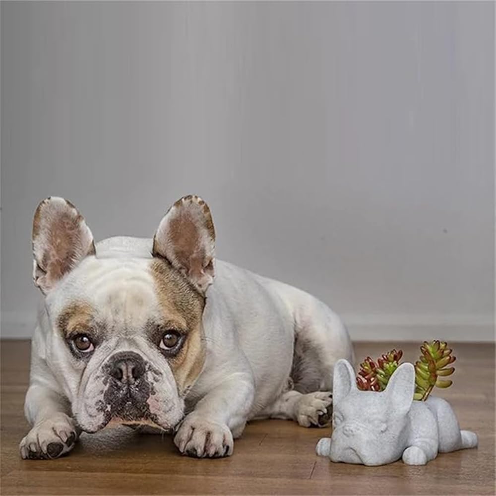 OULIGET Resin Dog Sculpture Succulent Pots,Mini French Bulldog Garden Statue Planter Pots with Drainage Hole,Cute Bonsai Flower Pots Ornaments (Medium)
