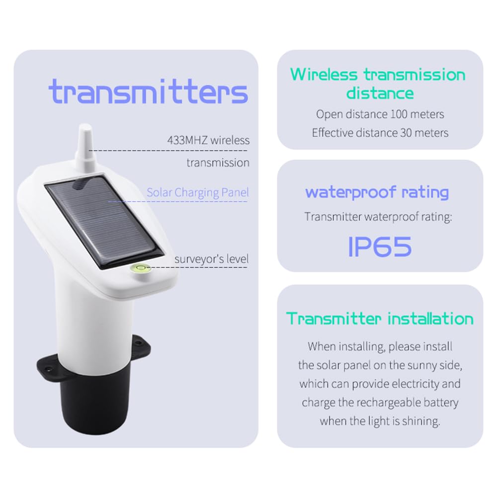 VISLONE Ultrasonic Water Level Monitor Tank Liquid Level High/Low Alarm Solar Powered Water Level Sensor Water Level Indicator Gauge IP65 Waterproof