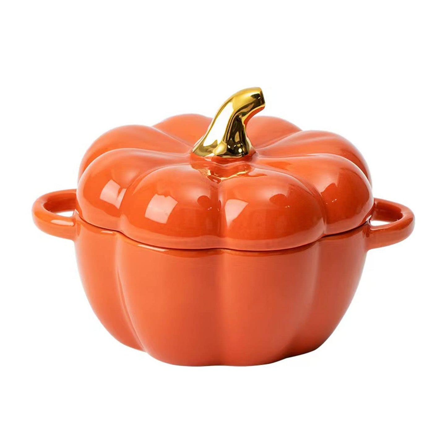 FYUEROPA Pumpkin Bowl Set with Lid and Handle, 14 Oz Ceramic Ramekins for Baking, Casserole Dish Individual Severing Pot, Stoneware, Oven Safe (Orange)