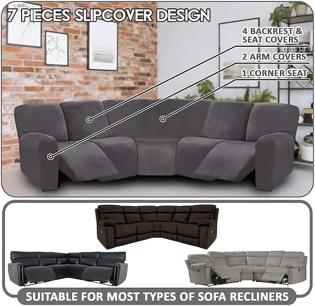 LightInTheBox 7-Piece Velvet Stretch Reclining Couch Covers 5 Seats Corner Sofa