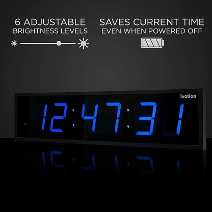 Ivation Oversized Large Digital Wall Clock - Big LED Digital Clock w/Large Display & Durable Aluminum Frame, Shelf or Wall Mount (24 Inch - Blue) 6 Brightness Levels | Time Memory | Remote