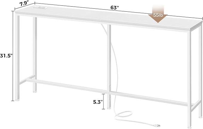 SUPERJARE Console Table with Outlet, 63 Inch Sofa Table with Charging Station