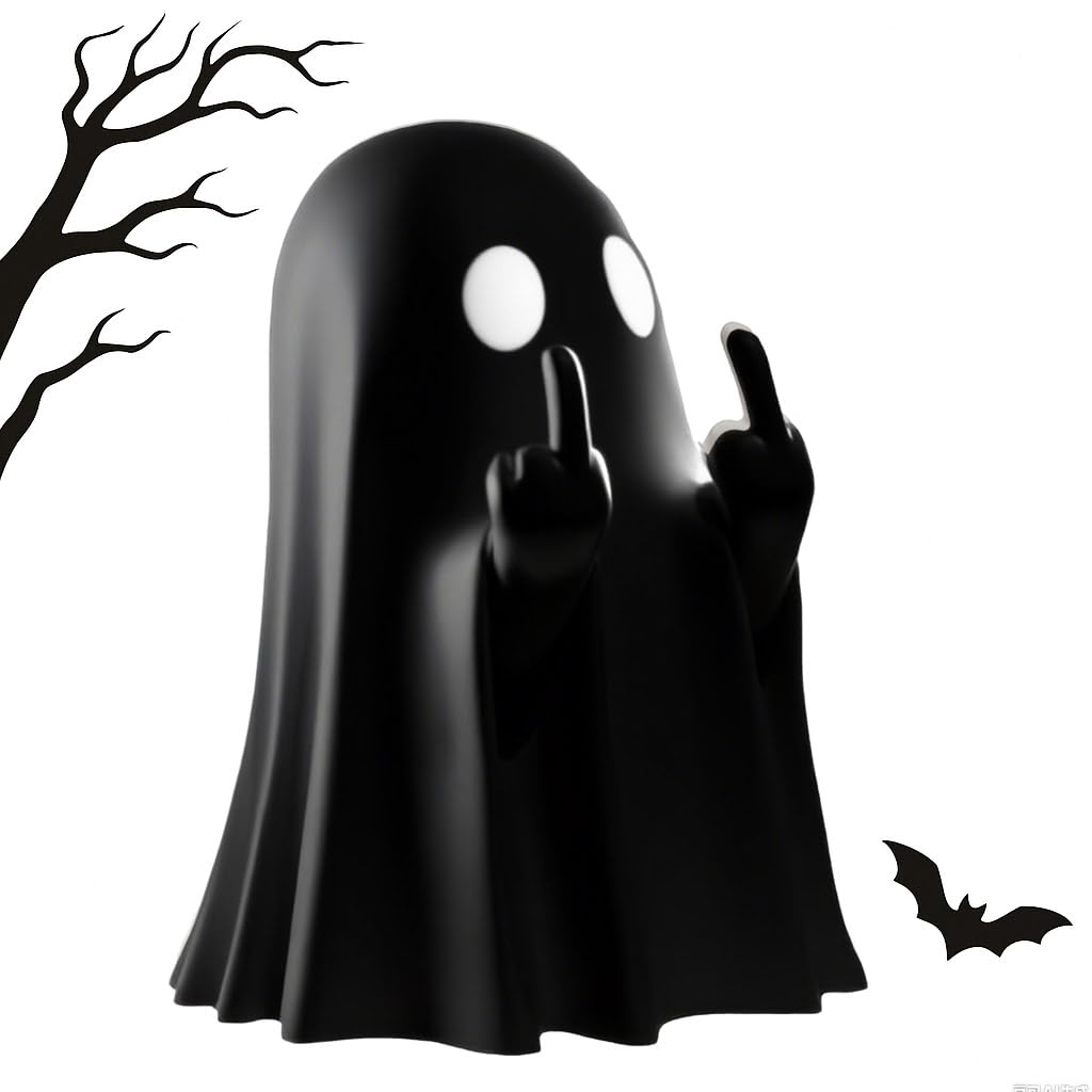 SMAILLBUDDHA Halloween Ghost Figurine Funny Middle Finger Resin Statue Cute Spooky Ghost Ornaments for Home Desk Party Porch New Year's Gift for Friends (Black)