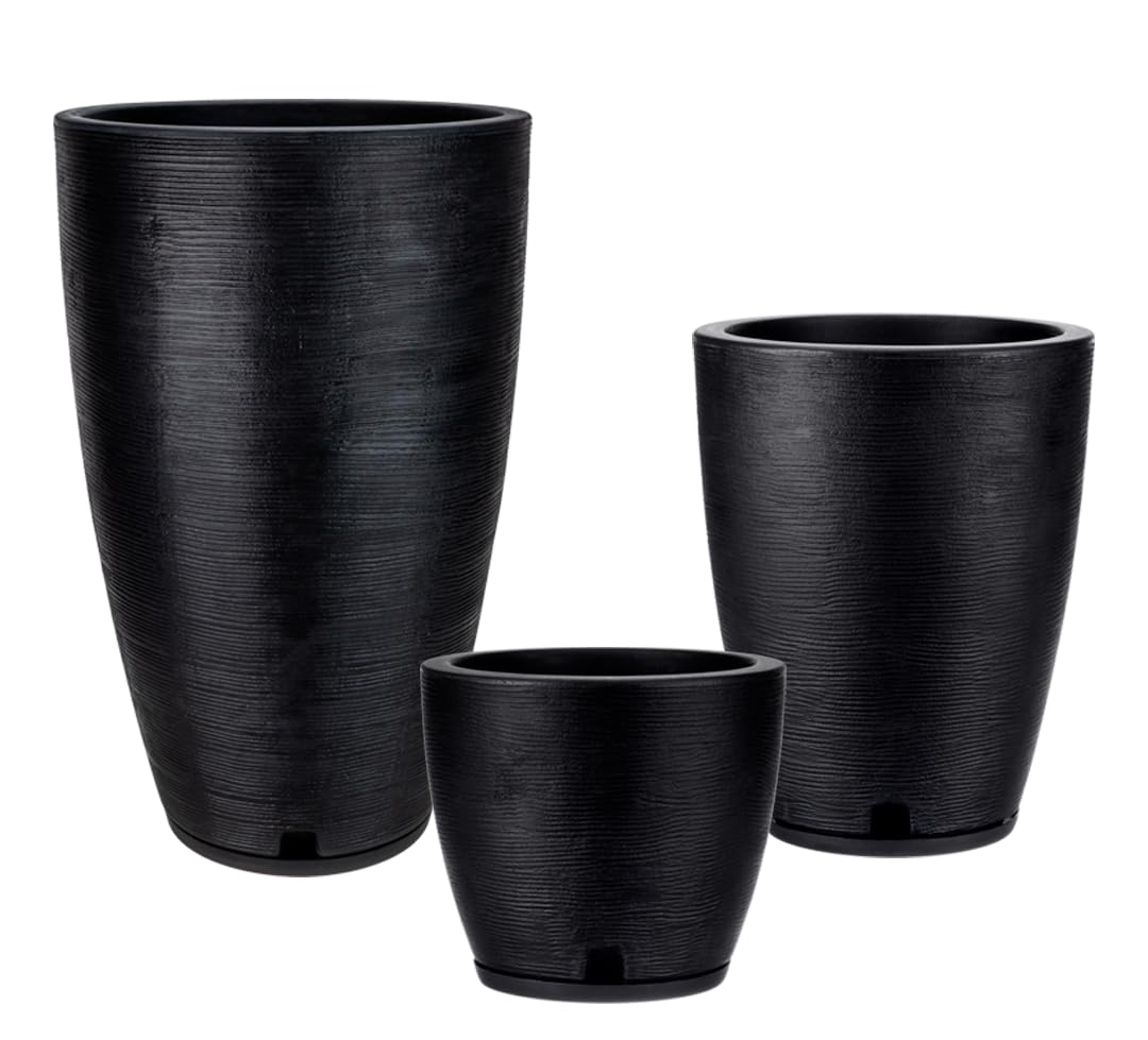 Floridis Set of 3 Black Planters for Indoor Outdoor Plants, 11/17/25 Inch Plastic Plant Pots with Drainage Hole and Saucer for Patio and Front Porch