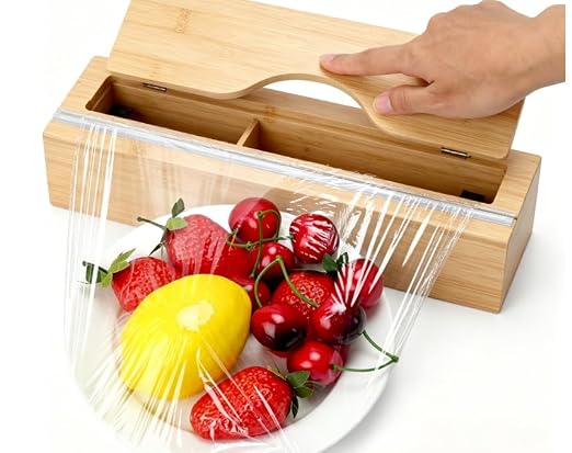 Plastic Wrap Dispenser with Cutter,Cling Wrap with Slide Cutter for Kitchen Storage Organization Holder for 12" Roll