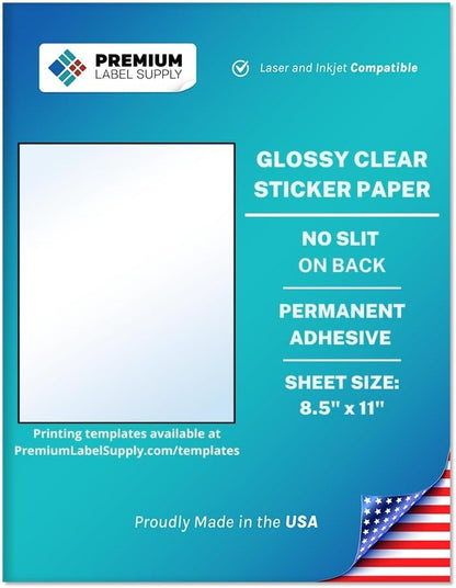 Premium Label Supply Glossy Clear Sticker Paper – 8.5" x 11" Full Sheet Labels – Laser/Inkjet Compatible – 100 Sheets