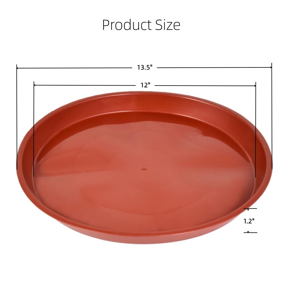 Kichwit 13.5 Inch (12 Inch Base) Plant Saucer, 4 Pack Round Plastic Plant Trays for Indoor & Outdoor, Brown