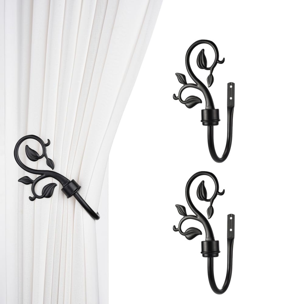 Leaf Shaped Curtain Holdbacks 2pcs, Handmade Metal Curtain Side Holders for Wall, Antique Brass Curtain Tieback Hook Pull Backs for Drapes Window Home Decoration (Black)
