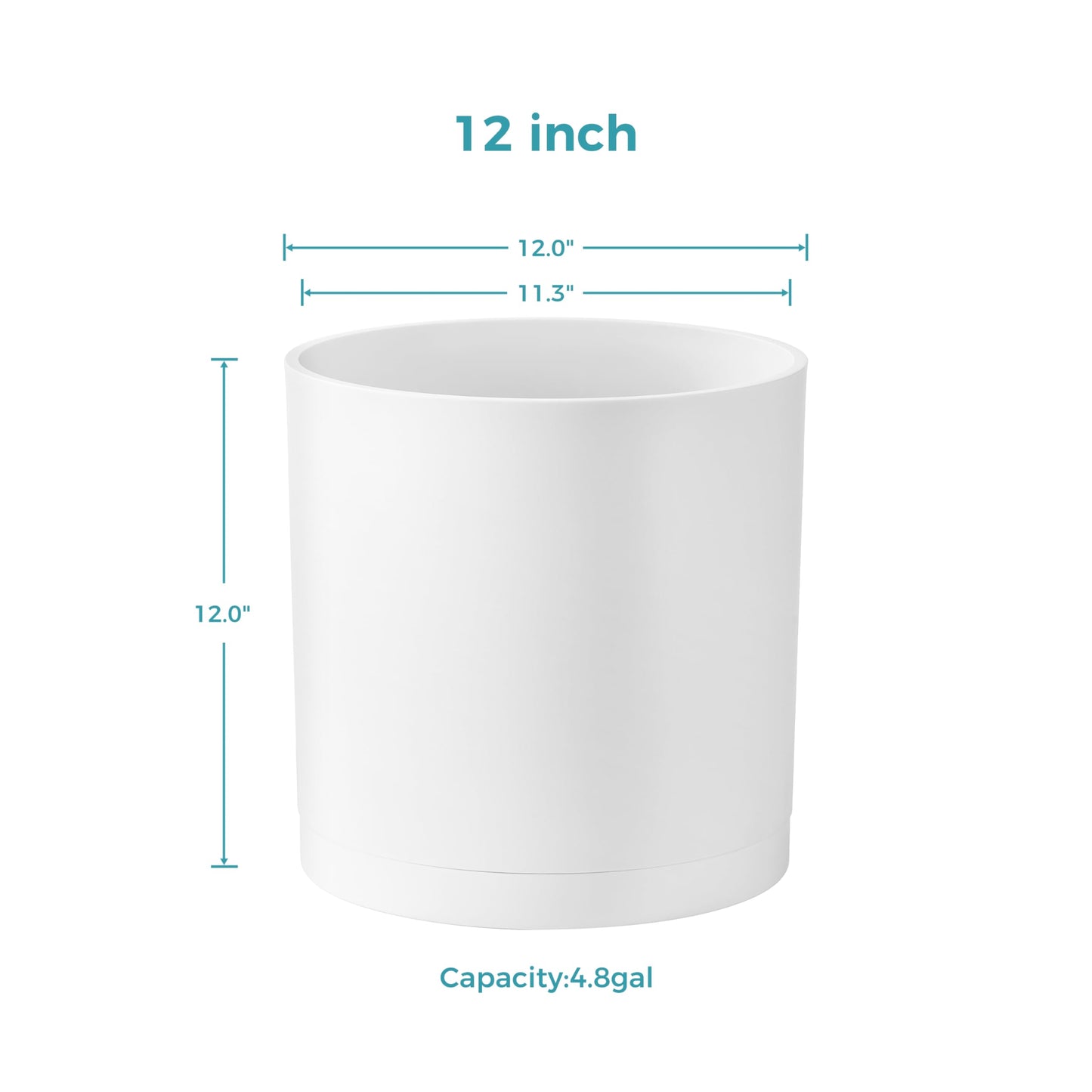 FaithLand 12-Inch Large Modern Cylinder Planter, Thick-Walled Plastic Plant Pot with Drainage Holes and Detachable Saucer, Matte White, Ideal for Indoor & Outdoor Plants Flowers