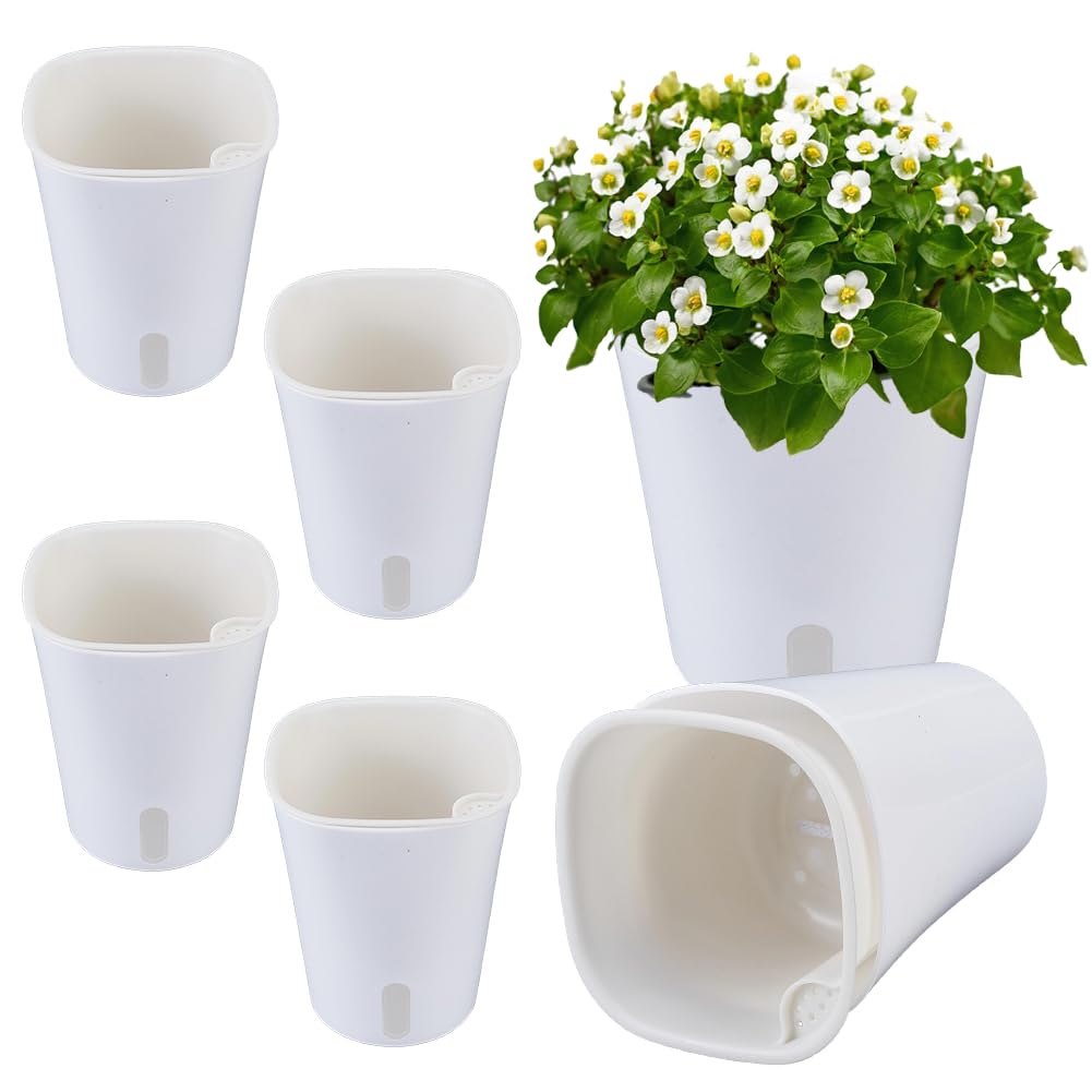 Doodlream 6 Kits Self Watering Pots for Indoor Plants, 4.93inch White Plastic Self Watering Planters for Herbs Succulents, Garden Decorative Flower Pots with Water Visual Window, Water-Absorbing Rope
